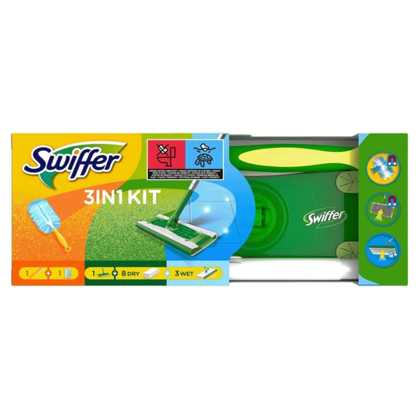 Швабра Swiffer 3 in 1 Kit з 8 сухими та 3 вологими серветками + дастер з 1 змінною насадкою 19959 фото