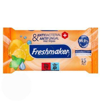 Антибактеріальні вологі серветки Freshmaker "Лимон та м'ята", помаранчеві, 15 шт 199896 фото
